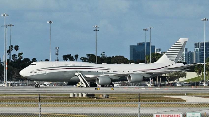 A Boeing 747 sits on the tarmac of Palm Beach International Airport after President Donald Trump toured the aircraft, Feb. 15, 2025.