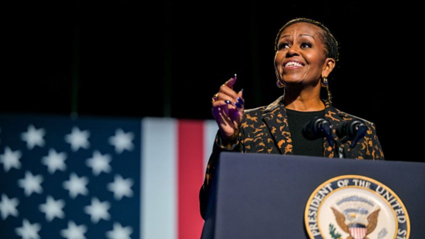 Former first lady Michelle Obama speaks ahead of the arrival of Democratic presidential nominee, U.S. Vice President Kamala Harris during a campaign rally at the Wings Event Center on October 26, 2024 in Kalamazoo, Michigan.