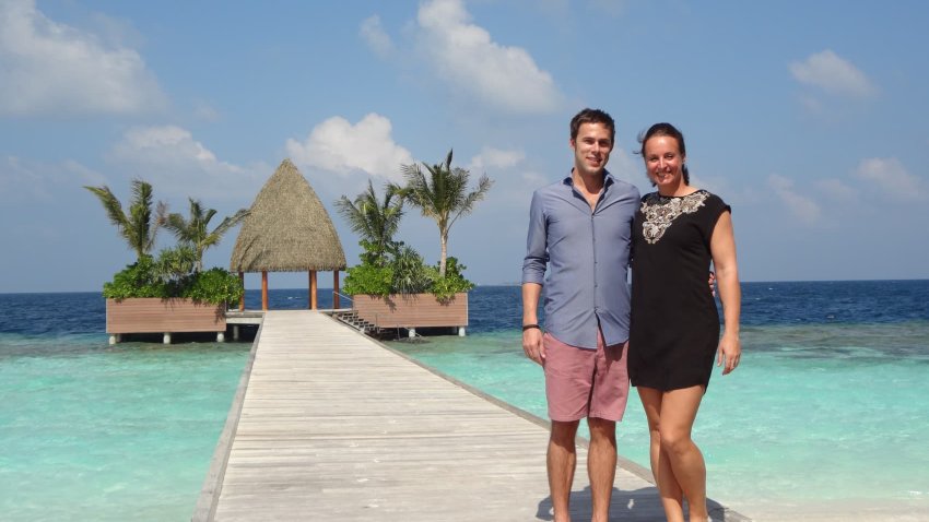 Marc LeBlanc and Laura Robinson in the Maldives, where they lived for seven years.