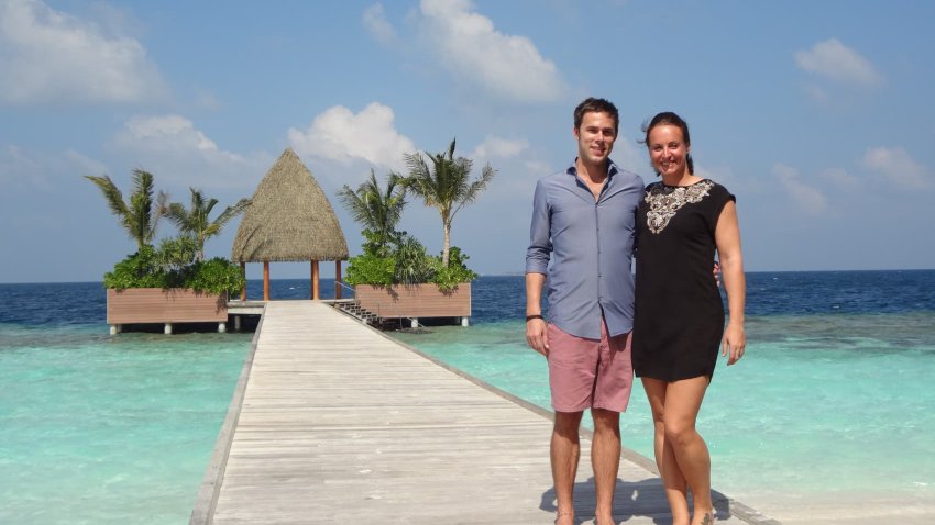 Marc LeBlanc and Laura Robinson in the Maldives, where they lived for seven years.