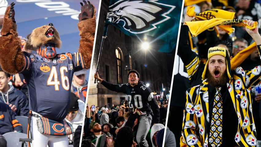 Split image of a Bears fan, Eagles fans and a Steelers fan