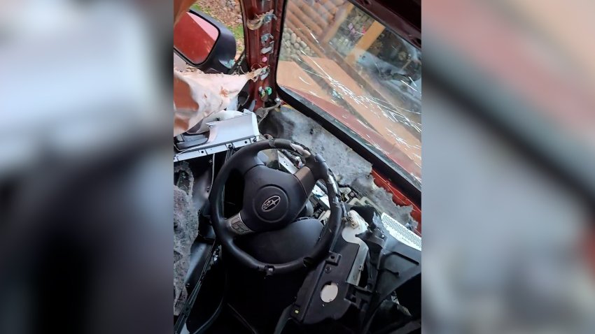 The wrecked interior of a car.