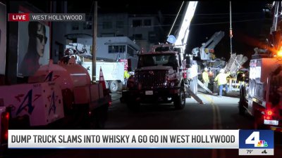 Dump truck slams into music venue, power line pole in West Hollywood