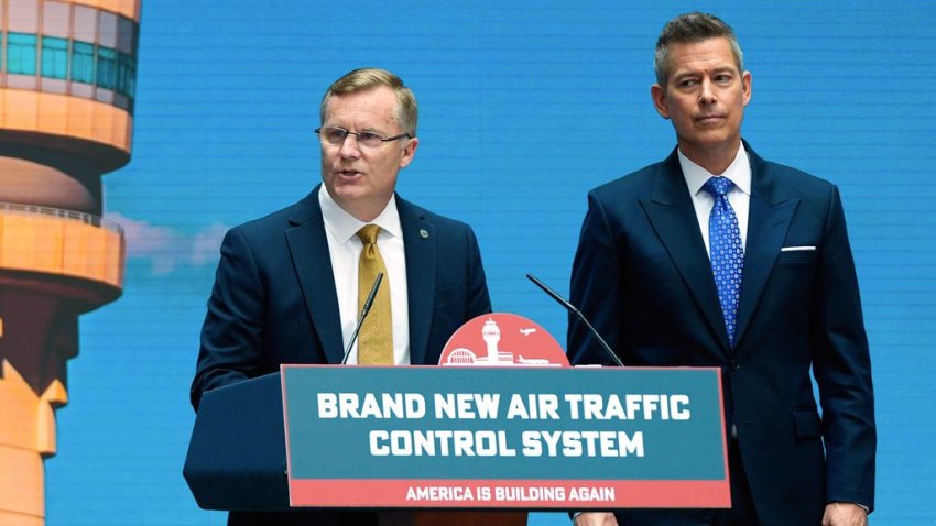 Chris Rocheleau, acting administrator of the Federal Aviation Administration, left, and Transportation Secretary Sean Duffy, right, speak about a new air traffic control infrastructure plan, Thursday, May 8, 2025, in Washington. (AP Photo/Julia Demaree Nikhinson)