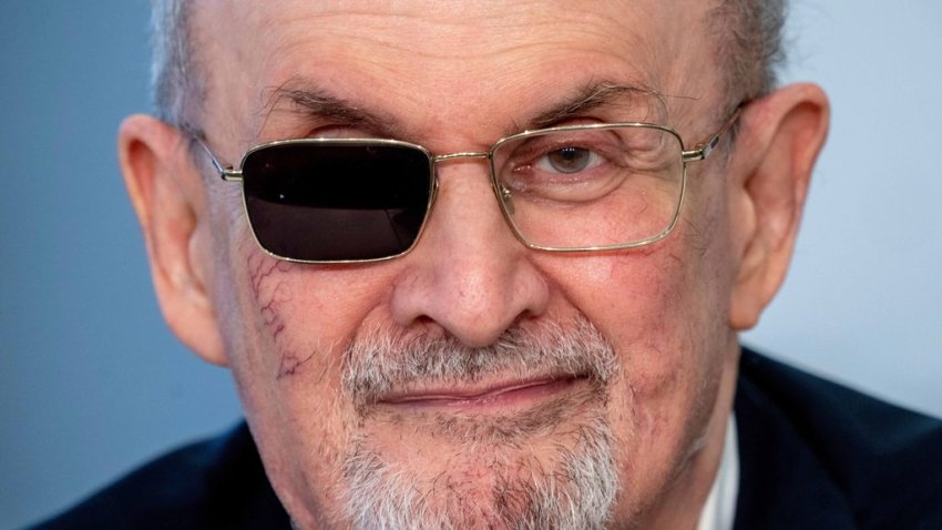 FILE - Author Salman Rushdie appears at a press conference at the Book Fair in Frankfurt, Germany on Oct. 20, 2023. (AP Photo/Michael Probst, File)
