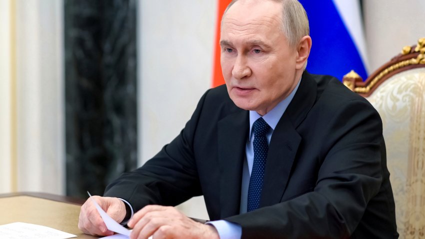 Russian President Vladimir Putin chairs a Security Council meeting via videoconference at the Kremlin in Moscow, Russia, Friday, May 30, 2025. (Pavel Byrkin, Sputnik, Kremlin Pool Photo via AP)