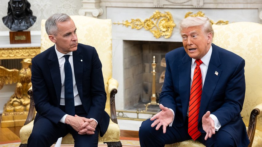 President Donald Trump, right, and Mark Carney, Canada's prime minister, during a meeting in the Oval Office of the White House, May 6, 2025.