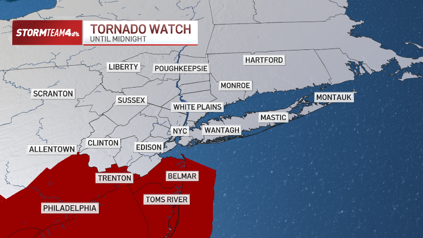 Tornado watch area map for Monmouth and Ocean⁣ counties in⁣ New Jersey.