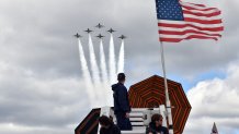 After the entire weekend of shows were canceled due to heavy storms, an improvised Memorial Day airshow was held at New York's Jones Beach, featuring World War 2 aircraft from the American Airpower Museum and the U.S. Air Force Thunderbirds.
Here, a F-16 falcons from the U.S. Air Force Thunderbirds fly over the beach's lifeguard station on 31 May 2021 in New York, US. (Photo by B.A. Van Sise/NurPhoto via Getty Images)