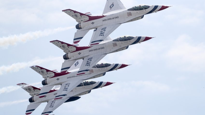 WANTAGH, NY – MAY 28: Planes of the United States Air Force Thunderbirds perform during the New York Air Show at Jones Beach on May 28, 2021 in Wantagh, New York. (Photo by Liao Pan/China News Service via Getty Images)