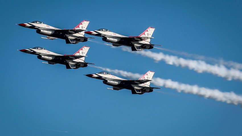 Ronkonkoma, N.Y.: Members of the United States Air Force Thunderbirds arrive at Long Island MacArthur Airport in Ronkonkoma, New York, on May 25, 2023, ahead of their performance at this weekend’s Jones Beach Air Show. (Photo by John Paraskevas/Newsday RM via Getty Images)