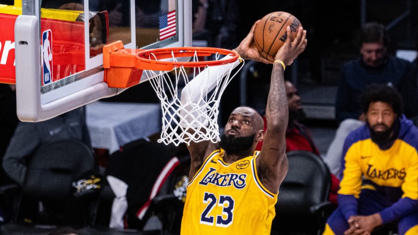 Lebron James (23) of the Los Angeles Lakers seen dunking during game 5 of the first round of the NBA Playoffs at Crypto.com Arena. (Photo by Jon Putman/Anadolu via Getty Images)