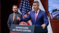 WASHINGTON, DC – MAY 01: U.S. Transportation Secretary Sean Duffy (R) talks to reporters with National Air Traffic Controllers Association President Nick Daniels during a news conference about adding more air traffic controllers to the workforce at the DOT headquarters on May 01, 2025 in Washington, DC. Counter to the Trump Administration’s historic layoffs of federal workers, Duffy announced incentives to train new air traffic controllers and to retain controllers that may be close to retirement.  (Photo by Chip Somodevilla/Getty Images)