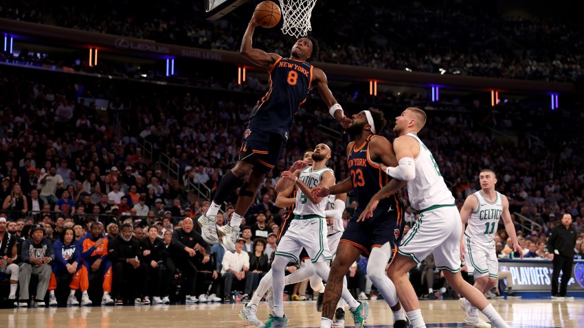 NEW YORK, NEW YORK – MAY 12: OG Anunoby #8 of the New York Knicks dunks the ball against the Boston Celtics during the first quarter in Game Four of the Eastern Conference Second Round NBA Playoffs at Madison Square Garden on May 12, 2025 in New York City. NOTE TO USER: User expressly acknowledges and agrees that, by downloading and or using this photograph, User is consenting to the terms and conditions of the Getty Images License Agreement. (Photo by Elsa/Getty Images)