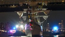 NEW YORK CITY, USA - MAY 17: A view of the Mexican navy tall ship being tended by the authorities after it crashes into the Brooklyn Bridge in Manhattan, New York, USA on May 18, 2025. The ship, which has a crew of 277, collided with the bridge's road deck and left multiple crew members seriously injured, and two people passed away, according officials and sources. (Photo by Kyle Mazza/Anadolu via Getty Images)