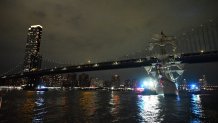 NEW YORK CITY, USA - MAY 17: A view of the Mexican navy tall ship being tended by the authorities after it crashes into the Brooklyn Bridge in Manhattan, New York, USA on May 18, 2025. The ship, which has a crew of 277, collided with the bridge's road deck and left multiple crew members seriously injured, and two people passed away, according officials and sources. (Photo by Kyle Mazza/Anadolu via Getty Images)