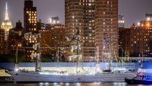 NEW YORK, NY - MAY 17: Broken mast of a disabled Mexican Navy tall ship is seen as the Mexican navy tall ship, making a festive visit to New York, crashes into the Brooklyn Bridge on May 17, 2025 in New York City. A Mexican navy sailing ship crashed into the Brooklyn Bridge on May 17, killing two sailors and injuring 19 others on board the craft as the tops of its masts were sheared off. (Photo by Liao Pan/China News Service/VCG via Getty Images)