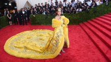 Rihanna arrives at the 2015  Metropolitan Museum of Art's Costume Institute Gala benefit in honor of the museums latest exhibit China: Through the Looking Glass  May 4, 2015 in New York.      AFP PHOTO /  TIMOTHY  A. CLARY        (Photo credit should read TIMOTHY A. CLARY/AFP via Getty Images)