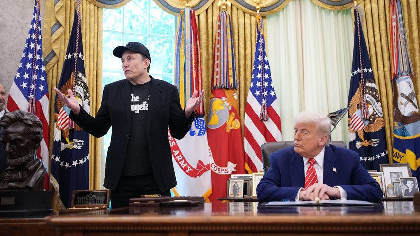 Tesla CEO Elon Musk speaks alongside U.S. President Donald Trump in the Oval Office of the White House on May 30, 2025.