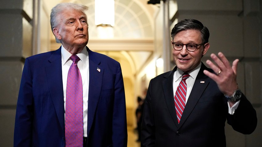 President Donald Trump and Speaker of the House Mike Johnson, R-La., speak to reporters after departing a House Republican conference meeting, Tuesday, May 20, 2025, at the U.S. Capitol in Washington.