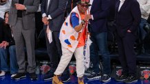 May 12, 2025; New York, New York, USA; Actor and filmmaker Spike Lee reacts in the second half during game four of the second round for the 2025 NBA Playoffs between the New York Knicks and the Boston Celtics at Madison Square Garden. Mandatory Credit: Vincent Carchietta-Imagn Images