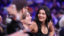 May 12, 2025; New York, New York, USA; American socialites Kylie Jenner, right, sits court side with actor Timothee Chalamet while seated court side in the second half during game four of the second round for the 2025 NBA Playoffs at Madison Square Garden. Mandatory Credit: Vincent Carchietta-Imagn Images