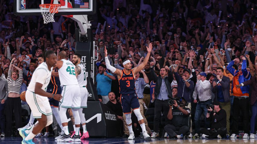 May 12, 2025; New York, New York, USA; New York Knicks guard Josh Hart (3) reacts after scoring a basket in front of Boston Celtics center Al Horford (42) in the second half during game four of the second round for the 2025 NBA Playoffs at Madison Square Garden. Mandatory Credit: Vincent Carchietta-Imagn Images