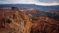Visitors look out from upper Inspiration Point at Bryce National Park on April 29 in Bryce, Utah.