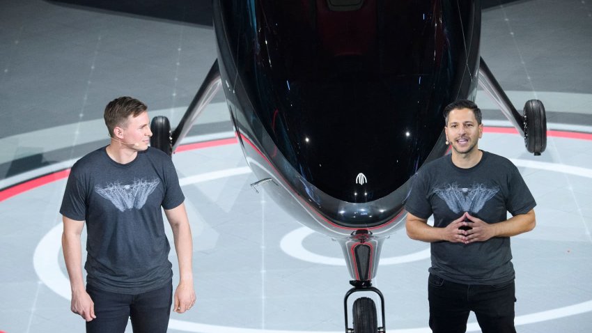 Archer Aviation co-founders Brett Adcock (L) and Adam Goldstein (R) unveil the Archer Maker on June 10, 2021 in Hawthorne, California.