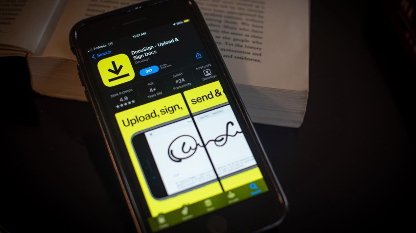 The Docusign Inc. application for download in the Apple App Store on a smartphone arranged in Dobbs Ferry, New York, U.S., on Thursday, April 1, 2021.