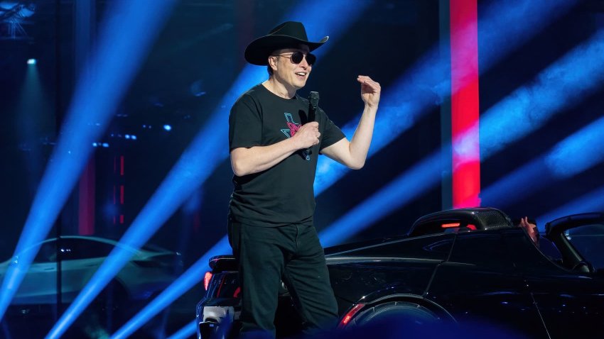 Tesla CEO Elon Musk speaks at the Tesla Giga Texas manufacturing “Cyber Rodeo” grand opening party in Austin, Texas, on April 7, 2022.