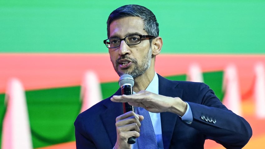 Sundar Pichai, CEO of Alphabet, speaks during an event in New Delhi, December 19, 2022.