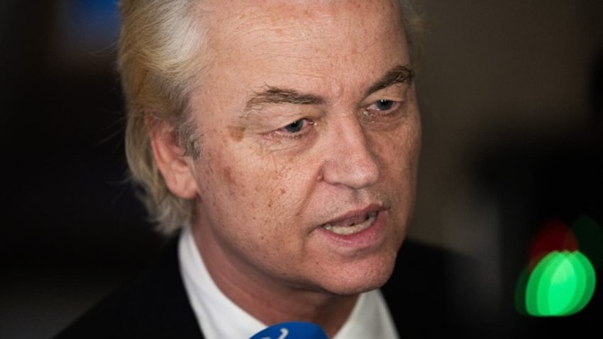 The Netherlands far-right PVV Freedom Party leader Geert Wilders speaks to the media representatives following the European Parliament elections provisional results in The Hague on June 6, 2024. 
