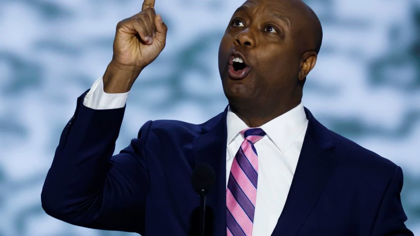 Sen. Tim Scott (R-SC) speaks on stage on the first day of the Republican National Convention at the Fiserv Forum on July 15, 2024 in Milwaukee, Wisconsin. 