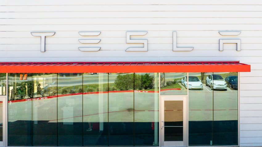 In an aerial view, a Tesla showroom at 12845 N. US 183 Highway Service Road is seen after police were called for a suspicious device in Austin, Texas, on March 24, 2025.