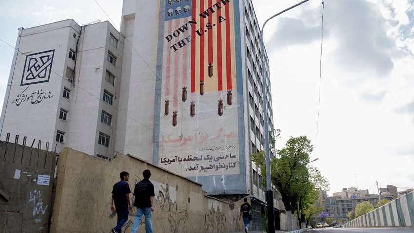 A famous mural that depicts the flag of the United States of America with bombs and skulls and reads “Down with the U.S.A.” in central Tehran, Iran, on March 31, 2025. 