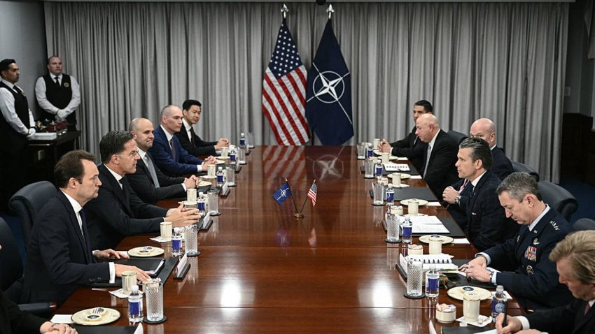 US Secretary of Defense Pete Hegseth holds a bilateral meeting with NATO Secretary General Mark Rutte (2nd L) at the Pentagon in Washington, DC, April 24, 2025.
