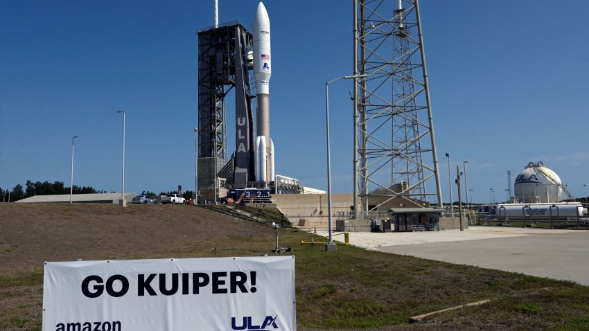 A United Launch Alliance Atlas V rocket is shown on its launch pad carrying Amazon’s Project Kuiper internet network satellites as the vehicle is prepared for launch at the Cape Canaveral Space Force Station in Cape Canaveral, Florida, U.S., April 28, 2025.