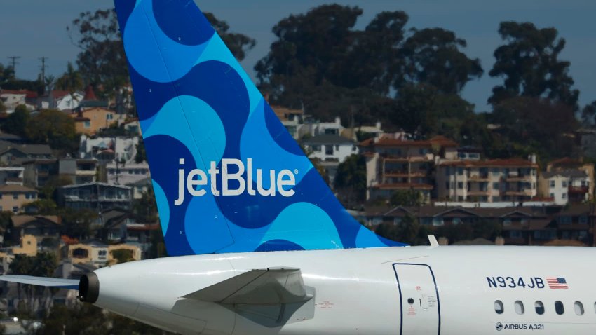 A JetBlue Airways Airbus A321-231 taxis at San Diego International Airport on March 4, 2025 in San Diego, California.