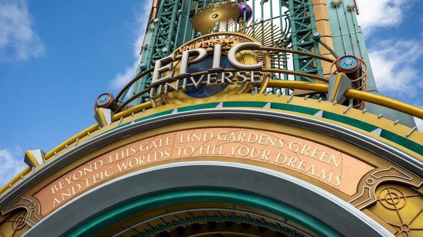 The entrance portal welcomes guests into Orlando’s newest theme park during a preview day for Universal Epic Universe on April 5.
