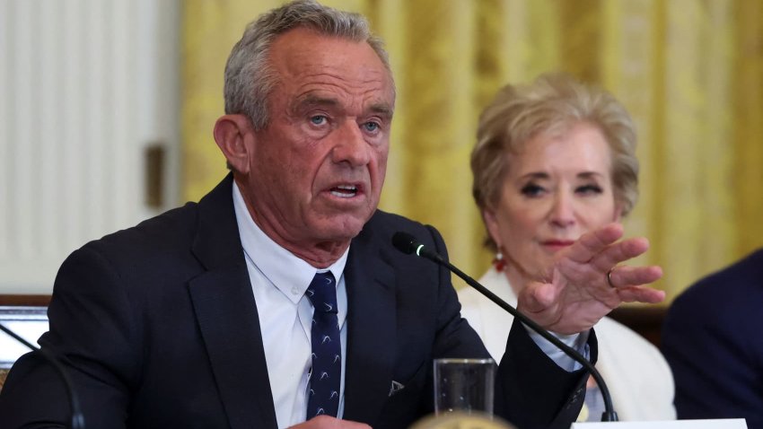 U.S. Health and Human Services (HHS) Secretary Robert F. Kennedy Jr. and Secretary of Education Linda McMahon attend a Make America Healthy Again (MAHA) Commission event, in the East Room of the White House in Washington, D.C., U.S., May 22, 2025.