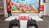 Nintendo Switch 2 controllers are displayed during at the Nintendo New York store on June 4, 2025, for a launch event ahead of the video game hybrid console’s midnight release.