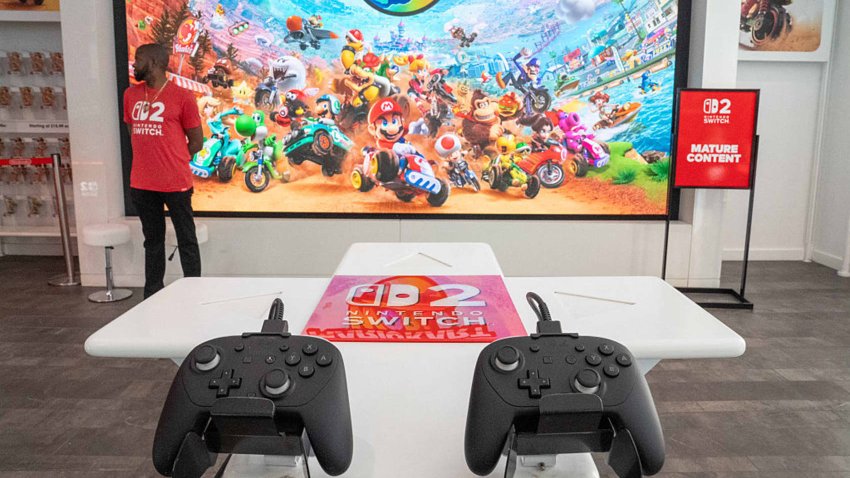 Nintendo Switch 2 controllers are displayed during at the Nintendo New York store on June 4, 2025, for a launch event ahead of the video game hybrid console’s midnight release.