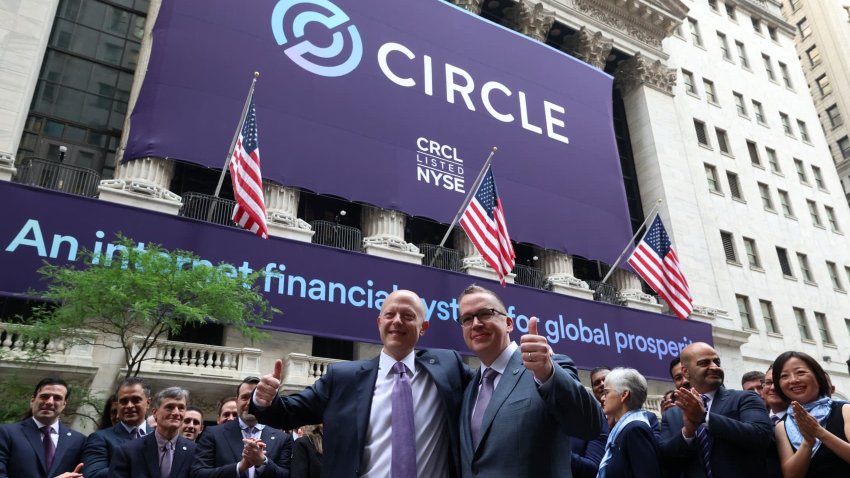 Jeremy Allaire, CEO of Circle Internet Group, the issuer of one of the world’s biggest stablecoins, and Circle co-founder Sean Neville pose outside the New York Stock Exchange (NYSE), on the day of the company’s IPO in New York City, U.S., June 5, 2025.