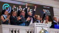 Jeremy Allaire, CEO and co-founder of Circle Internet Group, the issuer of one of the world’s biggest stablecoins, and Circle Internet Group co-founder Sean Neville react as they ring the opening bell, on the day of the company’s IPO, in New York City, U.S., June 5, 2025.