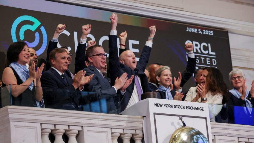 Jeremy Allaire, CEO and co-founder of Circle Internet Group, the issuer of one of the world’s biggest stablecoins, and Circle Internet Group co-founder Sean Neville react as they ring the opening bell, on the day of the company’s IPO, in New York City, U.S., June 5, 2025.