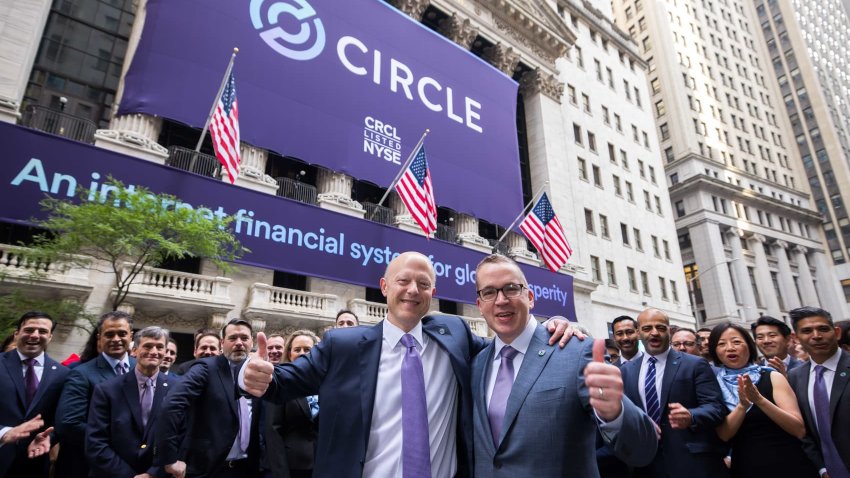 Jeremy Allaire, CEO of Circle Internet Group, the issuer of one of the world’s biggest stablecoins, and Circle co-founder Sean Neville pose outside the New York Stock Exchange (NYSE), on the day of the company’s IPO in New York City, U.S., June 5, 2025.