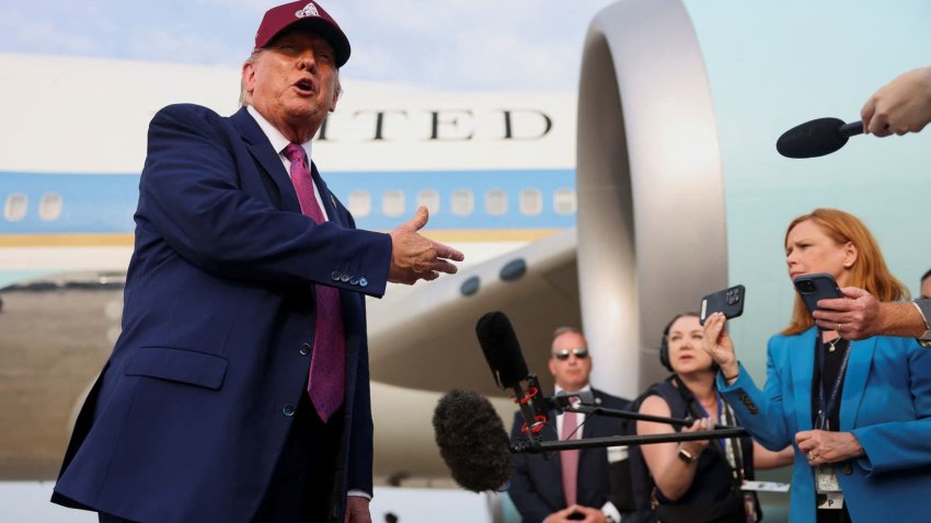 U.S. President Donald Trump speaks to the media upon arrival at Joint Base Andrews following a visit to North Carolina, in Maryland, U.S., June 10, 2025.