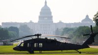 A Sikorsky UH-60 Black Hawk helicopter to be used in the U.S. Army’s 250th Birthday Celebration and Parade, is seen near U.S. Capitol in Washington, D.C., U.S., June 11, 2025.