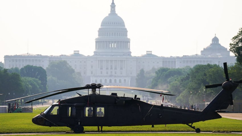 A Sikorsky UH-60 Black Hawk helicopter to be used in the U.S. Army’s 250th Birthday Celebration and Parade, is seen near U.S. Capitol in Washington, D.C., U.S., June 11, 2025.